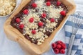 Closeup of chocolate cake with raspberry and streusel Royalty Free Stock Photo
