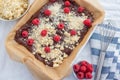 Closeup of chocolate cake with raspberry and streusel Royalty Free Stock Photo