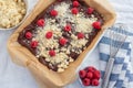 Closeup of chocolate cake with raspberry and streusel Royalty Free Stock Photo