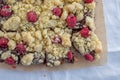 Closeup of chocolate cake with raspberry and streusel Royalty Free Stock Photo