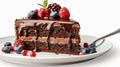 Closeup of a chocolate cake slice with delicious glaze and berries on a white plate Royalty Free Stock Photo