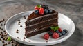 Closeup of a chocolate cake slice with delicious glaze and berries on a white plate Royalty Free Stock Photo