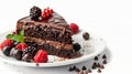 Closeup of a chocolate cake slice with delicious glaze and berries on a white plate Royalty Free Stock Photo