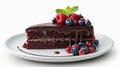 Closeup of a chocolate cake slice with delicious glaze and berries on a white plate Royalty Free Stock Photo