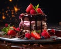 Closeup of a chocolate cake with strawberries and sauce on the b