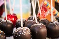 Closeup of chocolate candy apples at fair