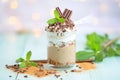 closeup of chocolate shavings topping on peppermint mocha