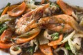 Closeup of Chop Suey with juicy jumbo shrimp and squid rings