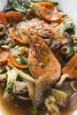 Closeup of Chop Suey with juicy jumbo shrimp and squid rings