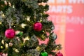 Christmas Ball , Presents, Santa claus and Christmas light on christmas tree with bokeh background. Royalty Free Stock Photo