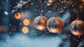 Closeup of Christmas bauble ball decoration on Christmas tree with golden bokeh festive lights background. Merry Christmas and Royalty Free Stock Photo