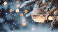 Closeup of Christmas bauble ball decoration on Christmas tree with golden bokeh festive lights background. Merry Christmas and Royalty Free Stock Photo