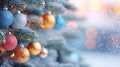 Closeup of Christmas bauble ball decoration on Christmas tree with golden bokeh festive lights background. Merry Christmas and Royalty Free Stock Photo