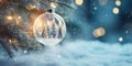 Closeup of Christmas decoration ball hanging on pine tree, on snowy background with blurred garland lights