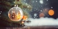 Closeup of Christmas decoration ball hanging on pine tree, on snowy background with blurred garland lights