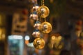 Closeup of Christmas holiday tree decorations with bokeh on background Royalty Free Stock Photo