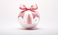 Closeup Christmas Pink Transparent Decoration Ball, Bauble with Pink Ribbon and Bow, Snow Royalty Free Stock Photo