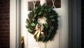 Closeup Christmas wreath white home doors chaplet door front holiday decoration pine hanging green traditional detail berry red Royalty Free Stock Photo