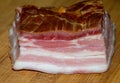 Closeup of a chunk of bacon on wooden table