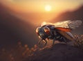 Closeup cinematic image of mayfly perching on dry hilly surface with dessert plant over blurred colorful hilly landscape