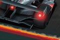 a closeup of a circuit racing car gliding down a straightaway with flames shooting from the exhaust pipes Speed drive