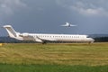 Closeup of Cityjet SAS Scandinavian Airlines Mitsubishi CRJ-900LR departing at Edinburgh Airport