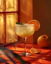 Closeup of a classic cocktail, margarita, in a wine glass on a table Royalty Free Stock Photo