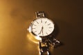 Closeup classic woman wristwatch with steel bracelet Royalty Free Stock Photo