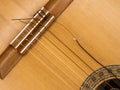 Closeup of classical acoustic wooden guitar with broken string Royalty Free Stock Photo