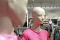 Closeup clear face without hair of female mannequins wearing the fashionableclothes design with blurred background of the shop and