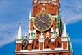 Closeup of clocks on Spasskaya Tower in Moscow, Russia
