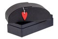 Closeup of a closed sturdy hardcase black luxury leather glasses case with a small red heart on an opened gift box isolated on Royalty Free Stock Photo