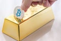 Concept of Cryptocurrency physical bitcoin with gold bullion piggy bank Royalty Free Stock Photo