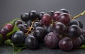 Closeup of cluster of black grapes on dark background