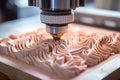 Closeup of cnc milling cutter crafting precise grooves in solid wood block, creating clean lines