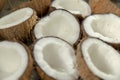 Closeup of coconut, Many coconuts cut in half in organic