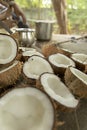 Closeup of coconut, Many coconuts cut in half in organic.