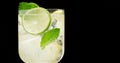 Closeup of coctail. Mojito, tonik water with mint and lemon and lime and ice cubes