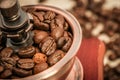 Closeup coffee bean and coffee grinder Royalty Free Stock Photo