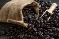 Closeup Coffee beans in bag made from burlap on wooden surface and wooden shovel lying in a sack. Fresh coffee beans and bag on ol