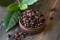 Closeup of coffee beans at roasted coffee heap. Coffee bean on macro ground coffee background. Arabic roasting coffee - ingredient
