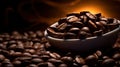 A closeup of coffee beans with a scoop, beautifully illuminated in moody lighting