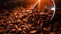 A closeup of coffee beans with a scoop, beautifully illuminated in moody lighting