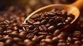 Closeup of coffee beans with scoop in mood lighting