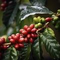 closeup coffee beans on vine