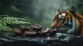 Closeup of coffee beans on wet stone with Bengal tiger in background in rainforest setting Royalty Free Stock Photo