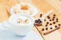 closeup coffee foam and bread favorite beverage