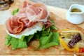 Closeup Cold Cuts Ham with Fresh and Saute Vegetables of an European Appetizer Crepe