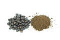 Closeup collected coffee beans with coffee powder on white Royalty Free Stock Photo