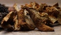 A closeup collection of dried mushrooms